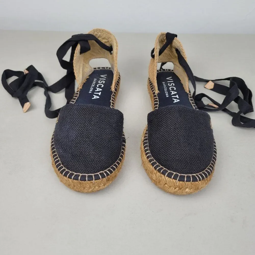 VISCATA Size 6.5 Candell Espadrille Sandals Flats Jute Black